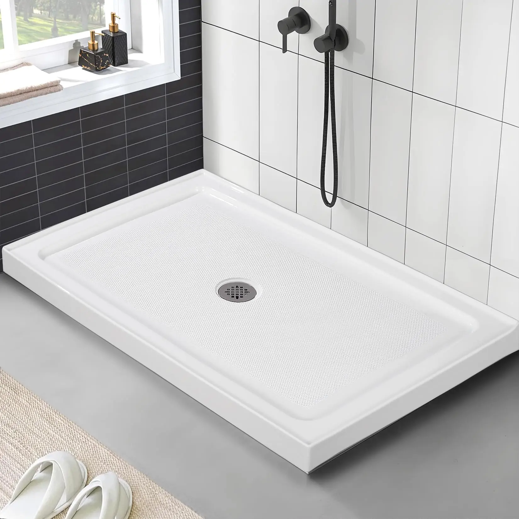 Rectangular Shower Base (32x48/60"), Indoor Use Bathroom Fixture with Stainless Steel Central Drain, Anti-Slip Textured Surface, Durable Construction for Drainage Safe Installation