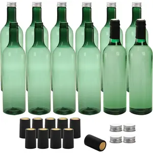 12 Pack Plastic Wine Bottles, 750ml Empty Bordeaux-Style Liquor Bottle, Reusable Green Long Neck WIne Bottles with Screw Lid and Shrink Capsules Caps