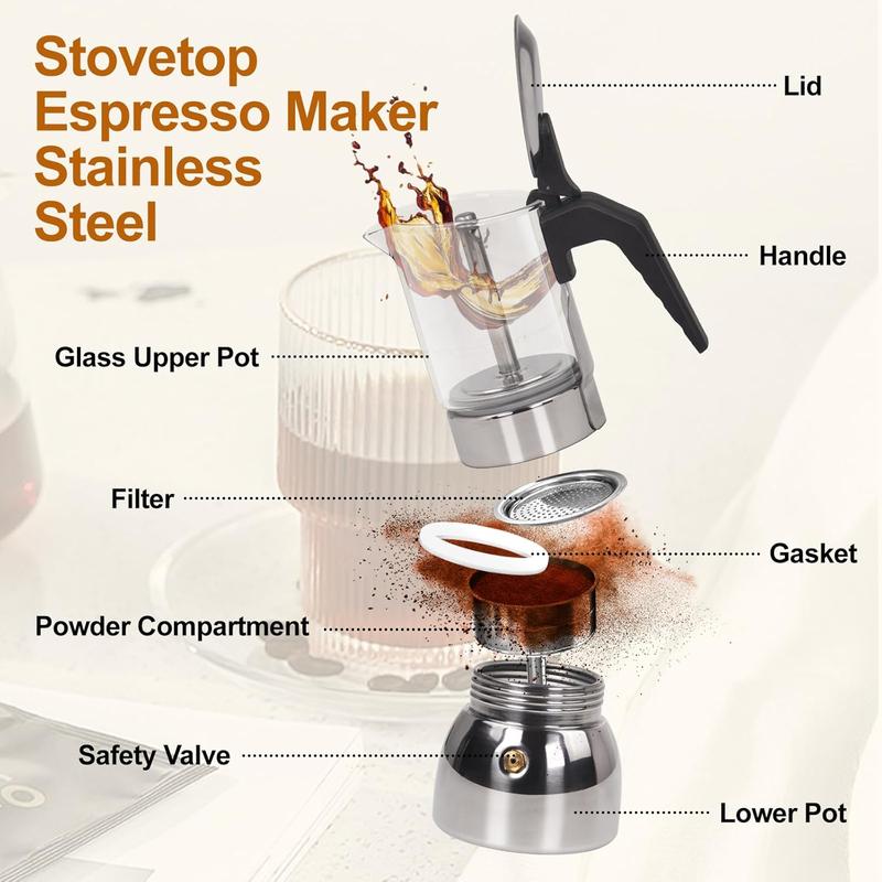 6 Cup Glass Clear Moka Pot Thickened 304 Stainless Steel Stovetop Espresso Maker Italian Coffee Machine 300ml 10.6oz Classic Mocha Cafe Greca Coffee Suitable for Gas Induction