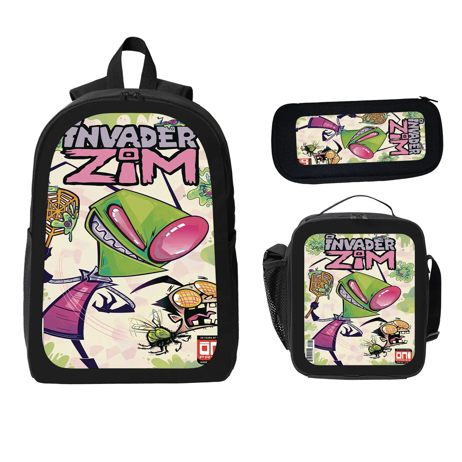 invader zim 3 Pcs School Backpack Set for Boys Girls Kids, Large Capacity Bookbag with Insulated Lunch Bag Pencil Case, Water Resistant Travel Daypack for Elementary Middle School e-4