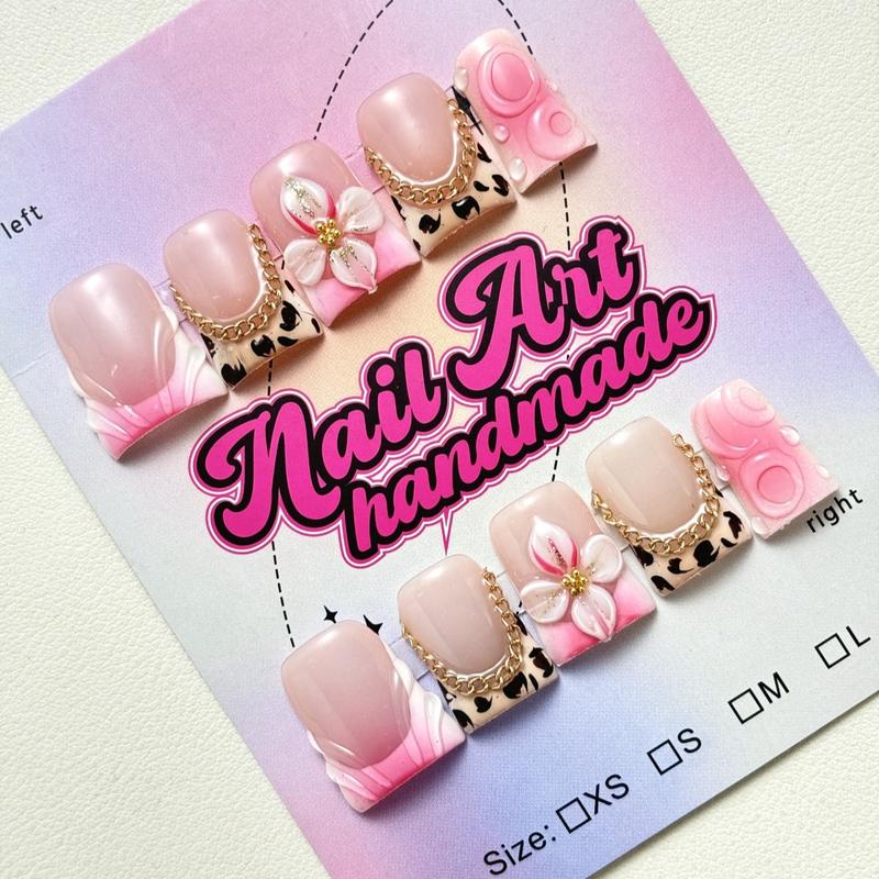 Flower Decor Fake Nails, 10pcs/set Fashion Handmade Reusable Nails Press on Nails for Women & Girls Diy Nail Art, Elegant Stick on Nails Kit