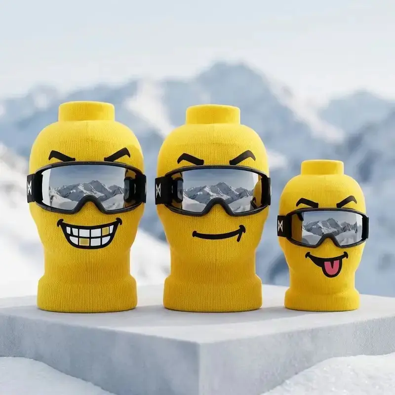 3PCS Funny Yellow Block Man Ski Balaclava, Cartoon Emoji Mask, Windproof Knit Hood for Snowboarding,  Cute Smiley Head Cover, Winter Outdoor Headwear, Cosplay Accessory for Men Women, Cold Neck Warmer, Unique Snow Gear Gift for Ski Lovers