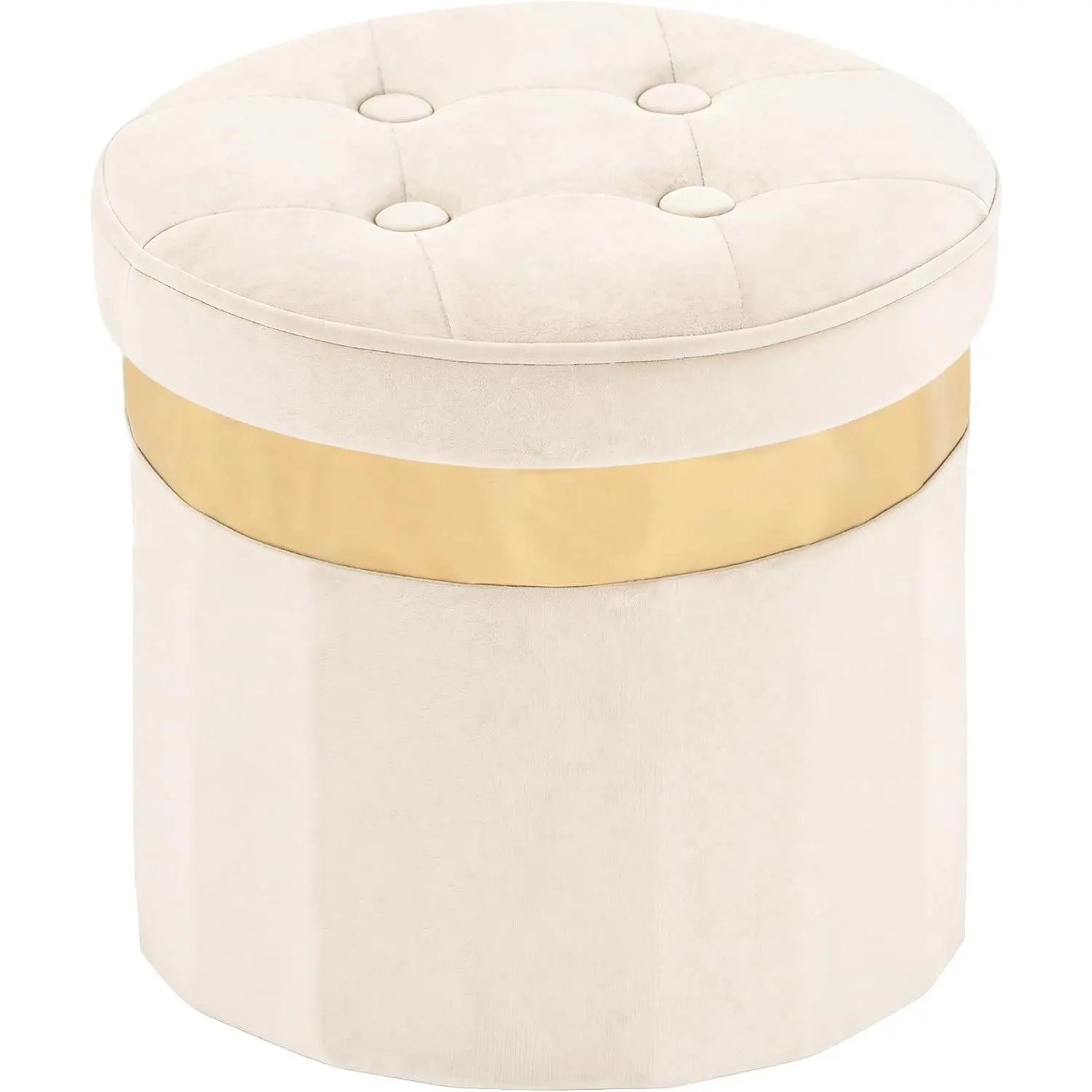 Velvet Folding Round Storage Ottoman with Gold Trim, Soft Padded Foot Stool, 13" x 13" x 12.4" Indoor Furniture for Living Room (Beige, 1pc)