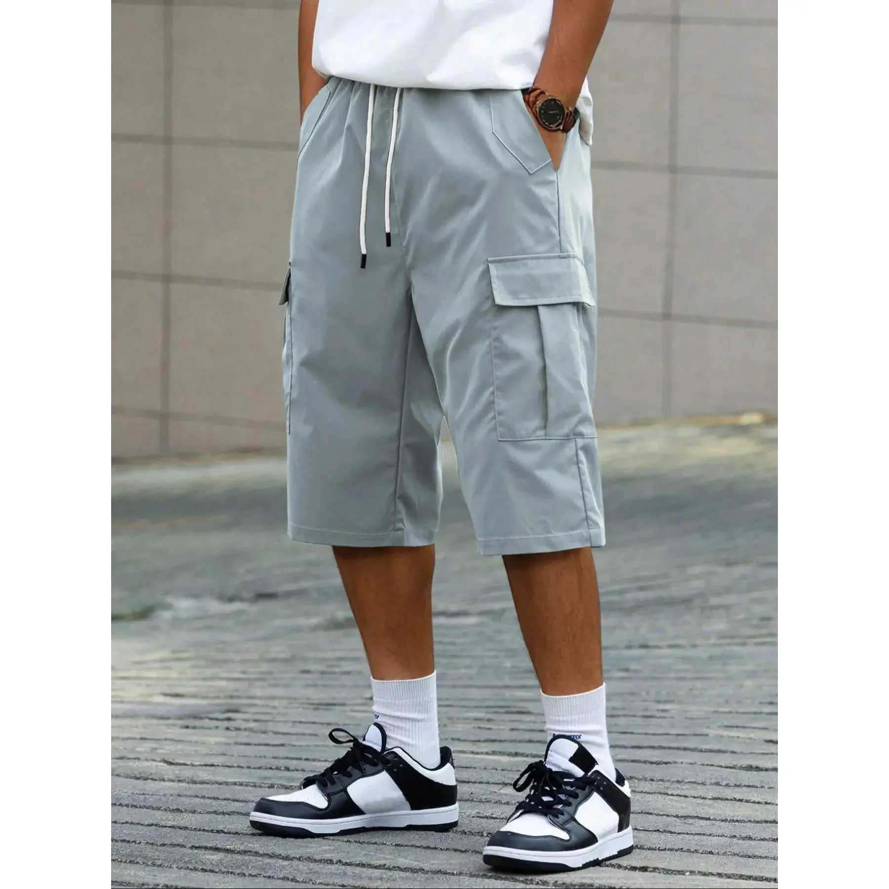 Men's 3/4 Length Fitted Work Shorts, Casual Seven-Quarter Pants, Plain, Multiple Pockets Design, Comfortable Summer Wear, Suitable for Outdoor Activities and Daily Use, Casual Drawstring Shorts, men apparel