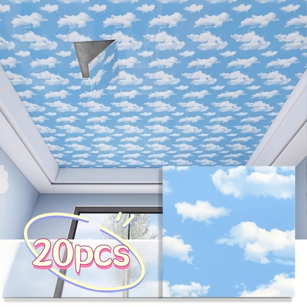 20 Sheets Self-Adhesive Sky Wall Stickers, Wall Decals Peel and Stick, Removable 3D Cloud Wallpaper, Waterproof, Suitable for Bedroom and Living Room