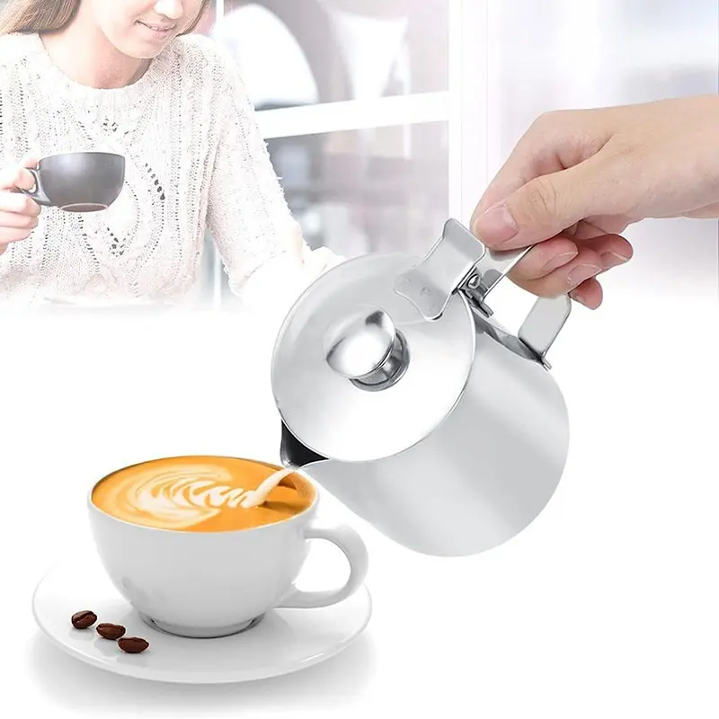 350ML Stainless Steel Milk Cup with Lid, Latte Art Coffee Mug, Coffee Drinkware, Heat Resistant Handle, Food Grade Quality, Ideal for Home and Outdoor Use