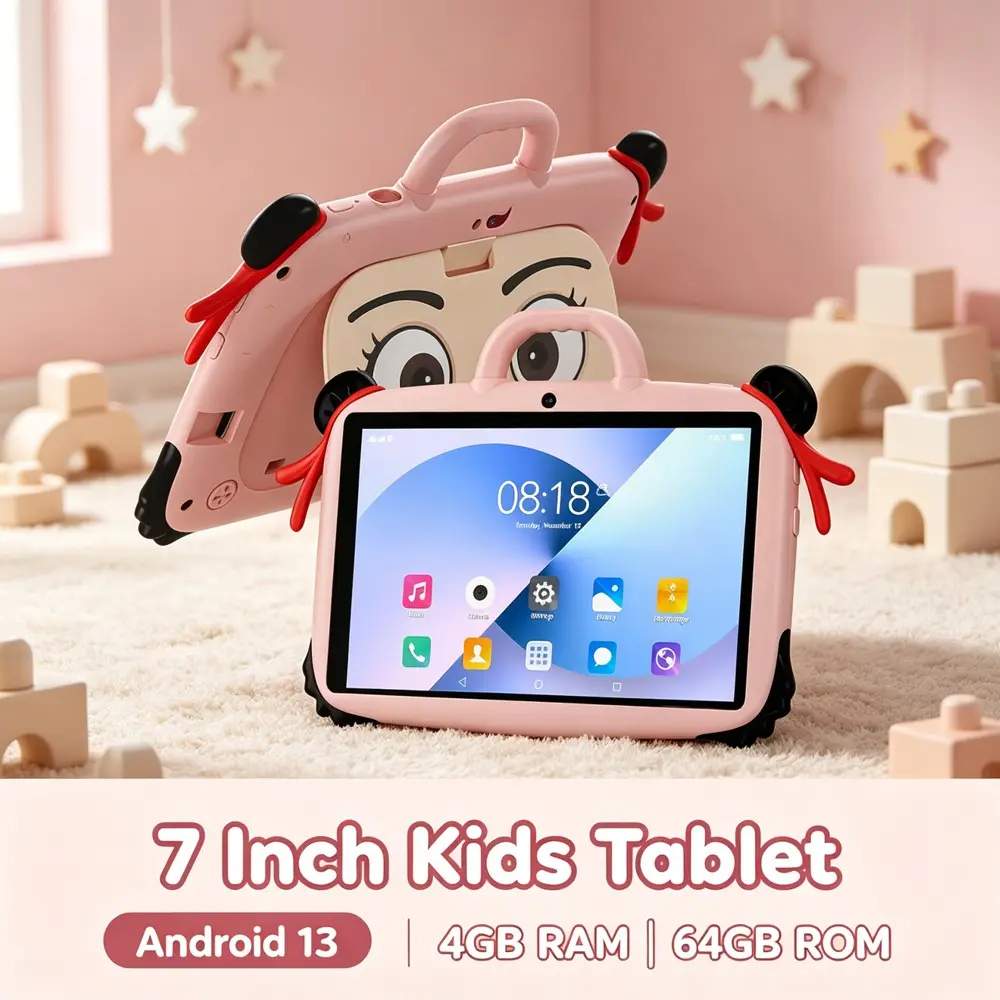 7-inch children's tablet computer 4GB RAM 64GB ROM Android 13 system supports WIFI Bluetooth function, dual cameras can be controlled by parents, pre installed educational learning software, portable can support shell Toddler Wireless Tablets