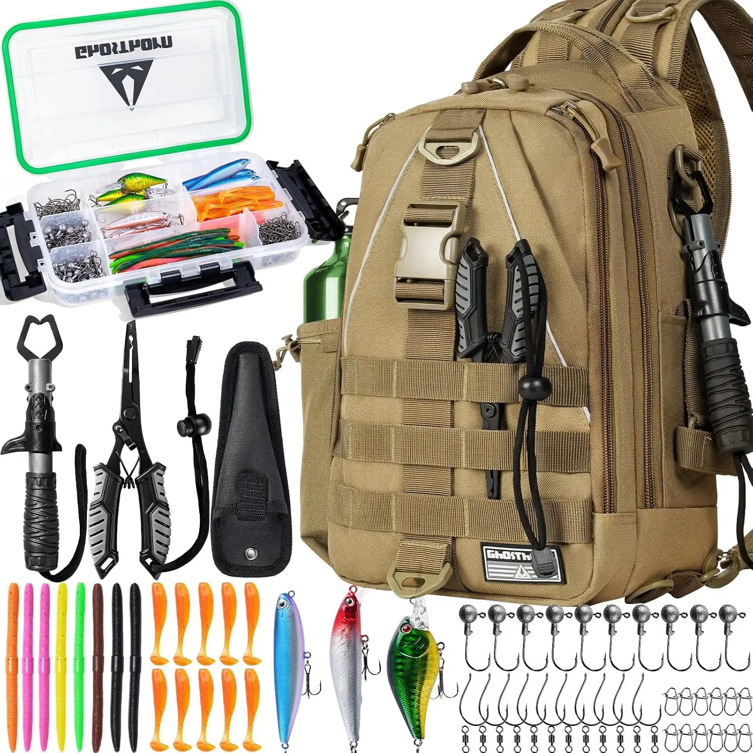 Ghosthorn Fishing Tackle Backpack with Tackle Boxes Rod Holder Fishing Bag