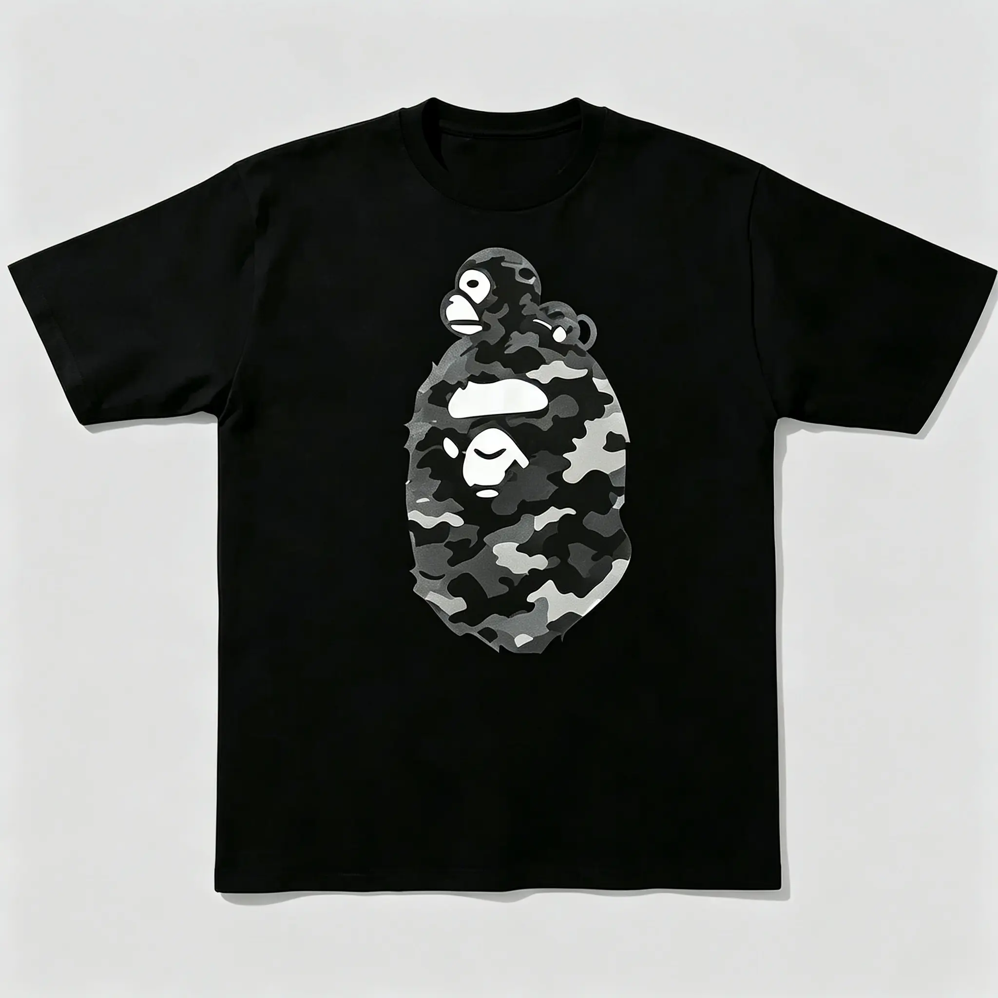 Men's Pure Cotton Casual Shirt - Camouflage Geo Ape Graphic, Short-Sleeve Crew Neck, Fitted Cut, Machine Safe Streetwear Sports Top