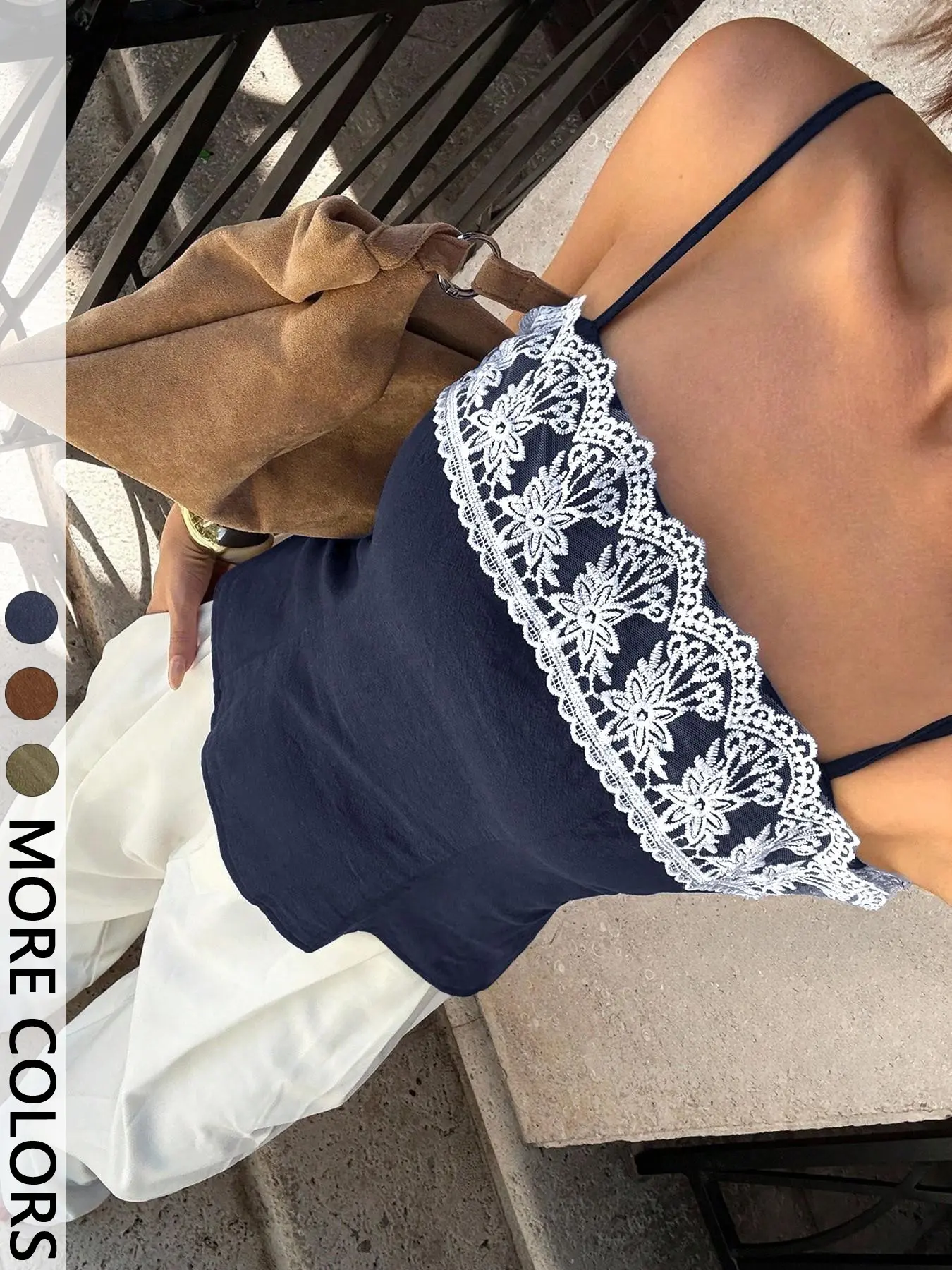 Women's Lace Trim Thin Strap Tank Top, Square Neck Design, Adjustable Straps, Back Zip Closure, Lightweight Woven Fabric