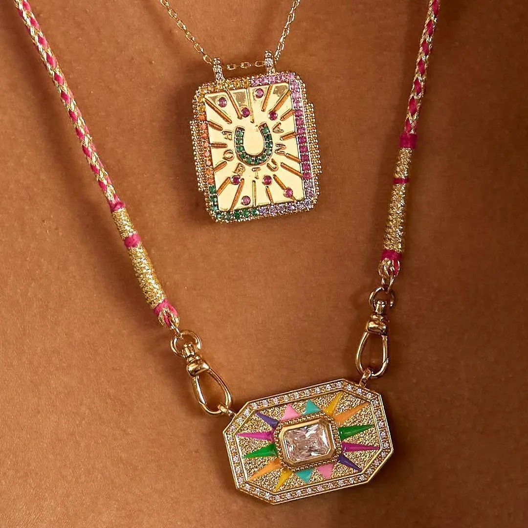 Women's Boho Literary Retro Tarot Necklace - Square Zircon-Inlaid Pendant, Dripping Oil Design, Multicolor Gemstone Metal Coating Chain, Unisex Summer Daily Wear, Boho, Colorful, Classic Retro, Fashion Statement, Decorative Charm Necklace, Boho Necklaces,