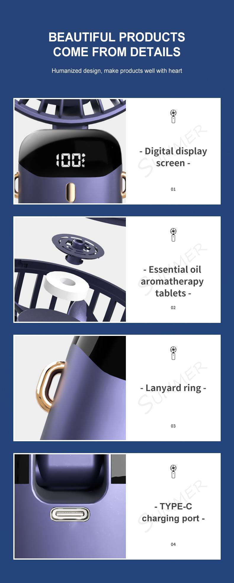 USB Handheld Mini Fan Foldable Portable Neck Hanging Fans 5 Speed USB Rechargeable Fan with Phone Stand and Display Screen turbofan summer small hand body