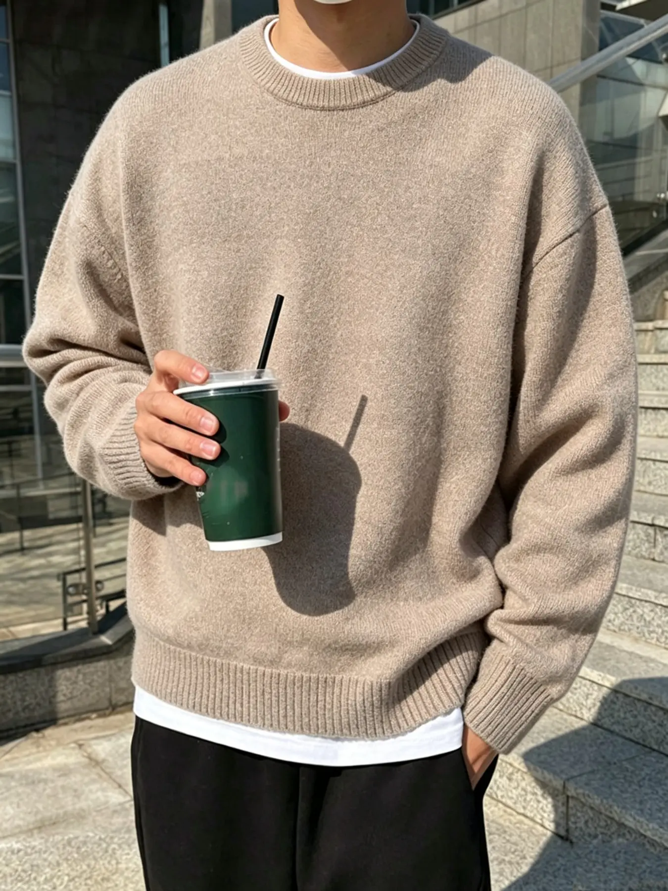 【Black Friday】Men's Fall Round Neck Knit Pullover, Loose Drop Shoulder Long Sleeve Sweater, Solid Minimalist Knitted Top, Soft Stretch Fabric, Casual Daily Wear