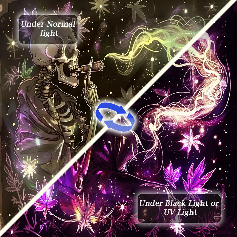 UV Black Light Reactive Wall Hanging Tapestry, Smoking Skull with Plant Leaves Smoke Design, Polyester Decorative Art, Knit Fabric, 85 gsm, for Dorm and Bedroom Decor, No Electricity Needed