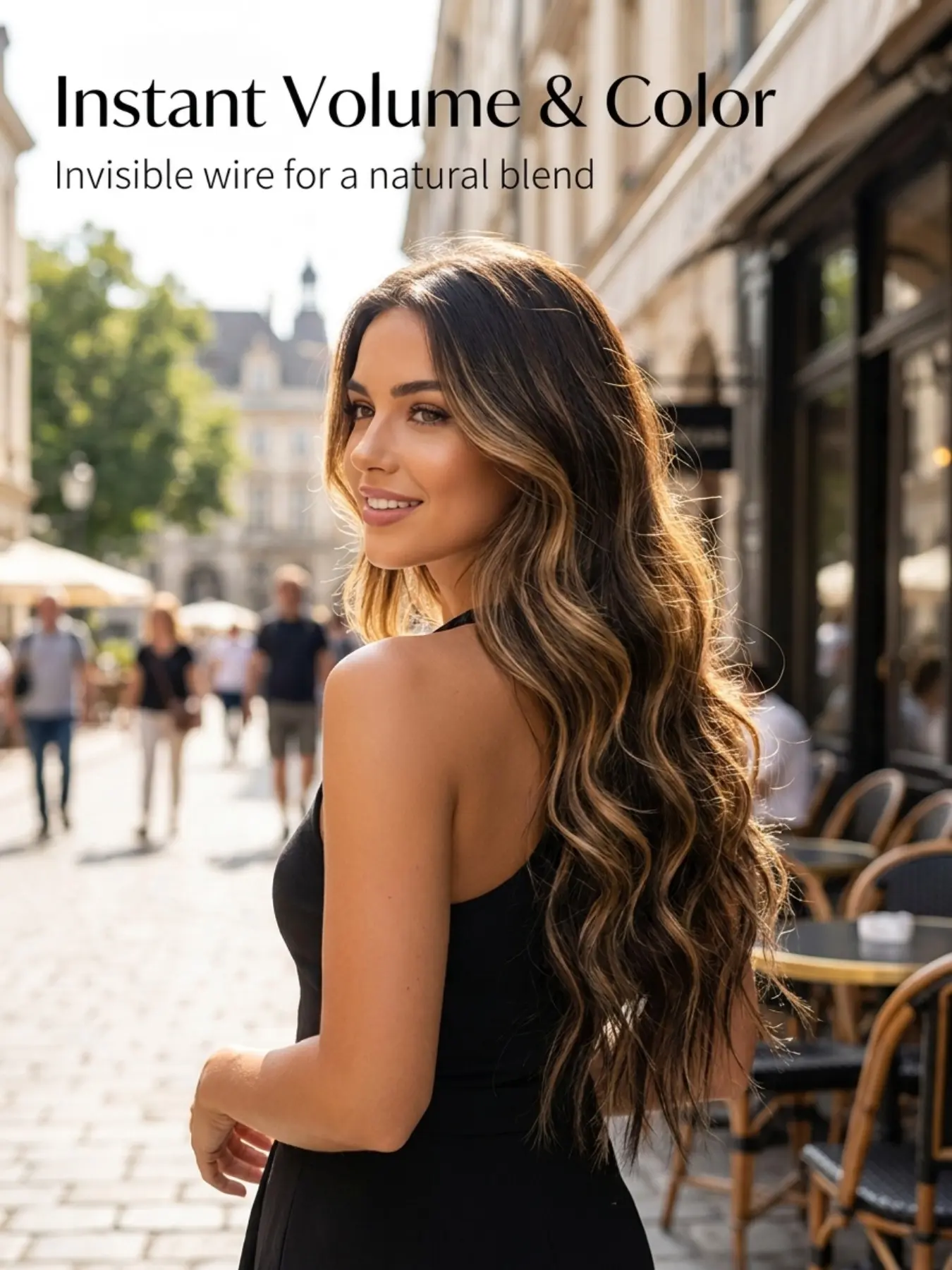 20 Inch Invisible Wire Synthetic Hair Extension, Long Wavy Layered Clip-In Wig, Adjustable Transparent Wire, 4 Secure Clips, Gold Highlights, Invisible Wire Extensions