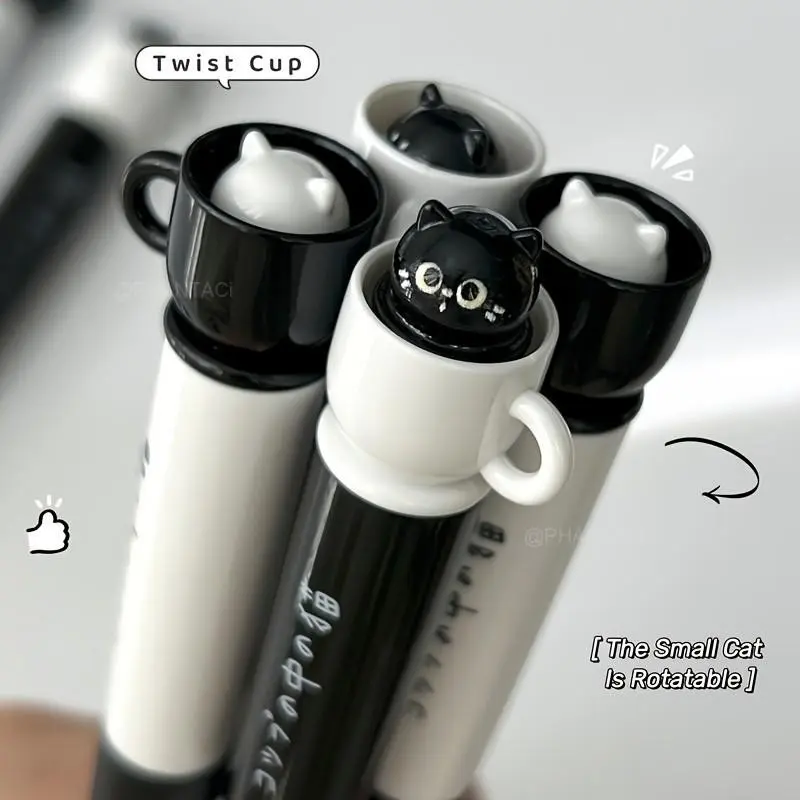 4pcs Tea Cup Cat Twist Pen, Creative Rotating Core Pocket Pen, 0.5mm Fun Animal Quick-Dry Pen, Learning Office Supplies