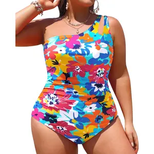 Plus Size One Piece Swimsuit One Shoulder Bathing Suit Tummy Control Keyhole Swimwear(Gift)