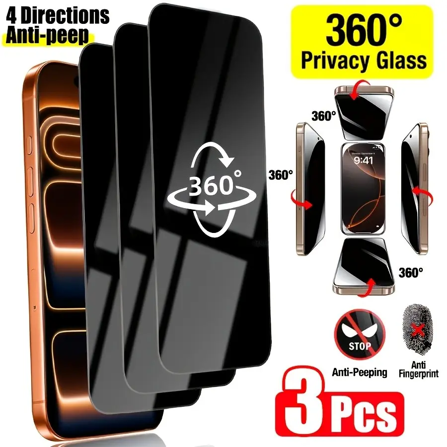 3-Pack 360° Anti-Spy Tempered Glass Screen Protector for Apple iPhone 17/16/15/14/13/12/11 Pro Max/pro/plus/XS/XR/x, Full Screen Anti-Fingerprint, Mobile Phone Accessory