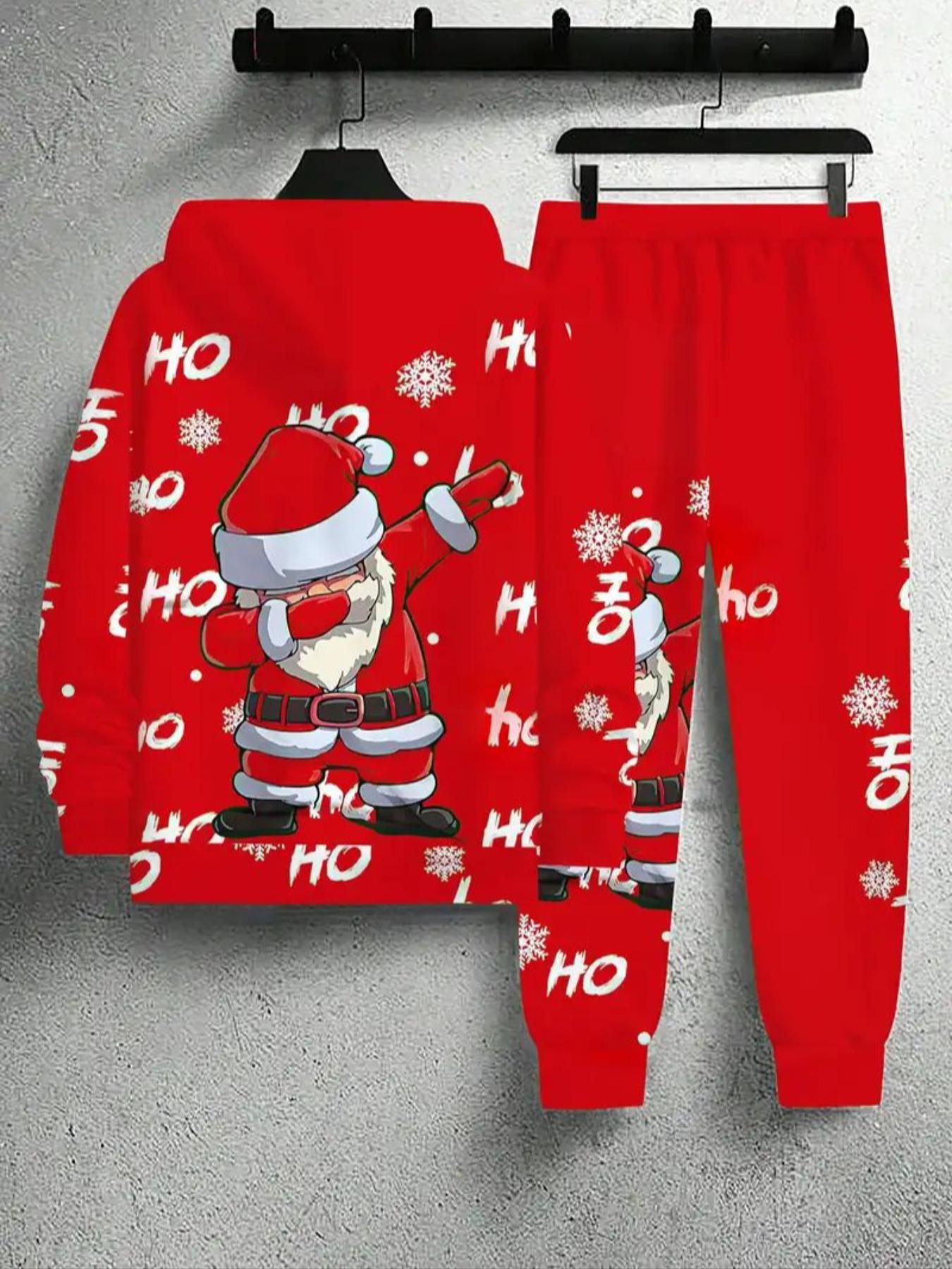 Men's Christmas Print Hoodie Set, Casual Long Sleeve Fitted Design, Drawstring Pocket Pants, Perfect Gift for Fall & Winter