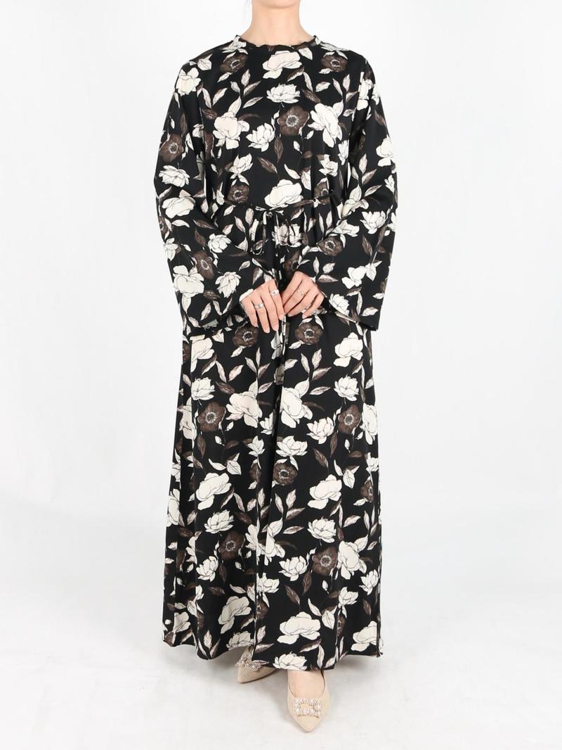 Women's Tie Side Zipper Back Dress, Elegant Long Sleeve Modesty Abaya Dress for Daily Wear, Ladies Islamic Clothing for All Seasons