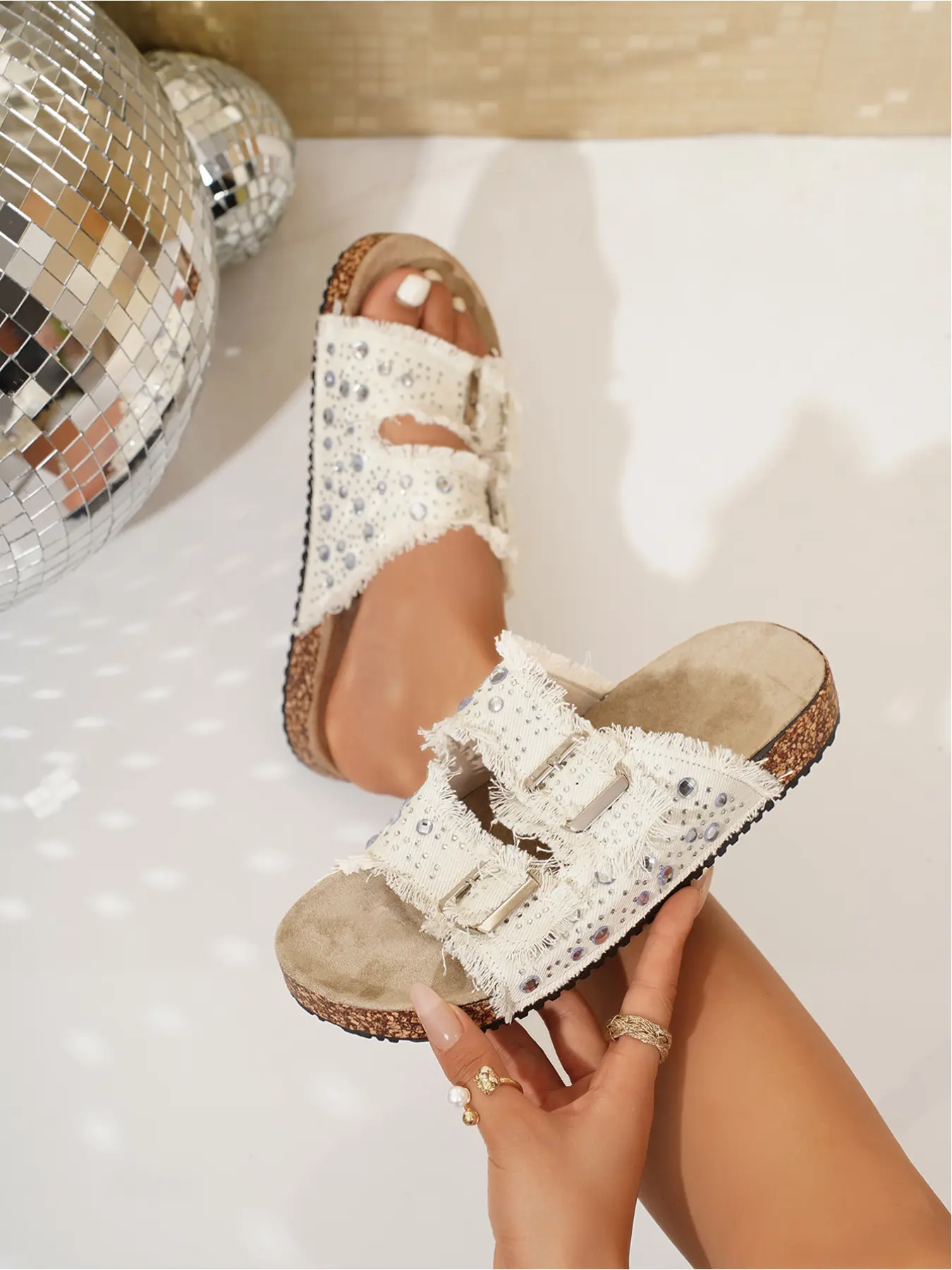 Women's Denim Flip Flops, Rhinestone Dual Metal Buckles, Thick Sole Shock Absorption, Summer Beach Casual Shoes, Comfortable Sandals, Beach Slides Sandals, Fashionable Comfy Sandals