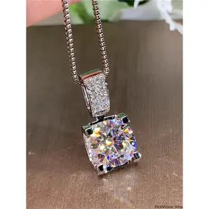 Silver Tone Round Cut CZ Solitaire Pendant Necklace, Sparkling Prong Set Box Chain Necklace, Luxury Fashion Jewelry for Women, Perfect for Daily Wear & Gifting