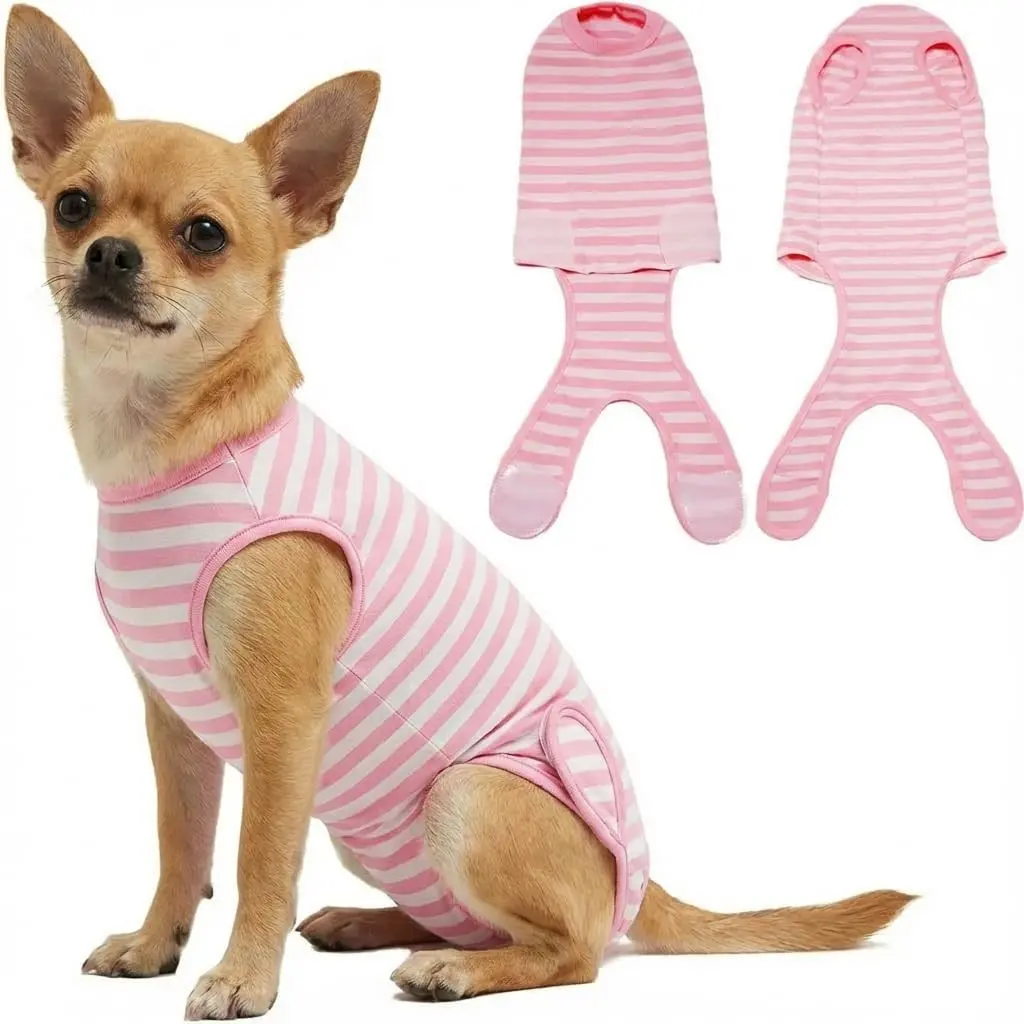 Recovery Suit for Small Dogs,Female and Male Spay Neuter Onesie,Anti-Licking Abdominal Wound Protection,Recovery Suit for Puppy, Cone Alternative(Pink White-XXS)