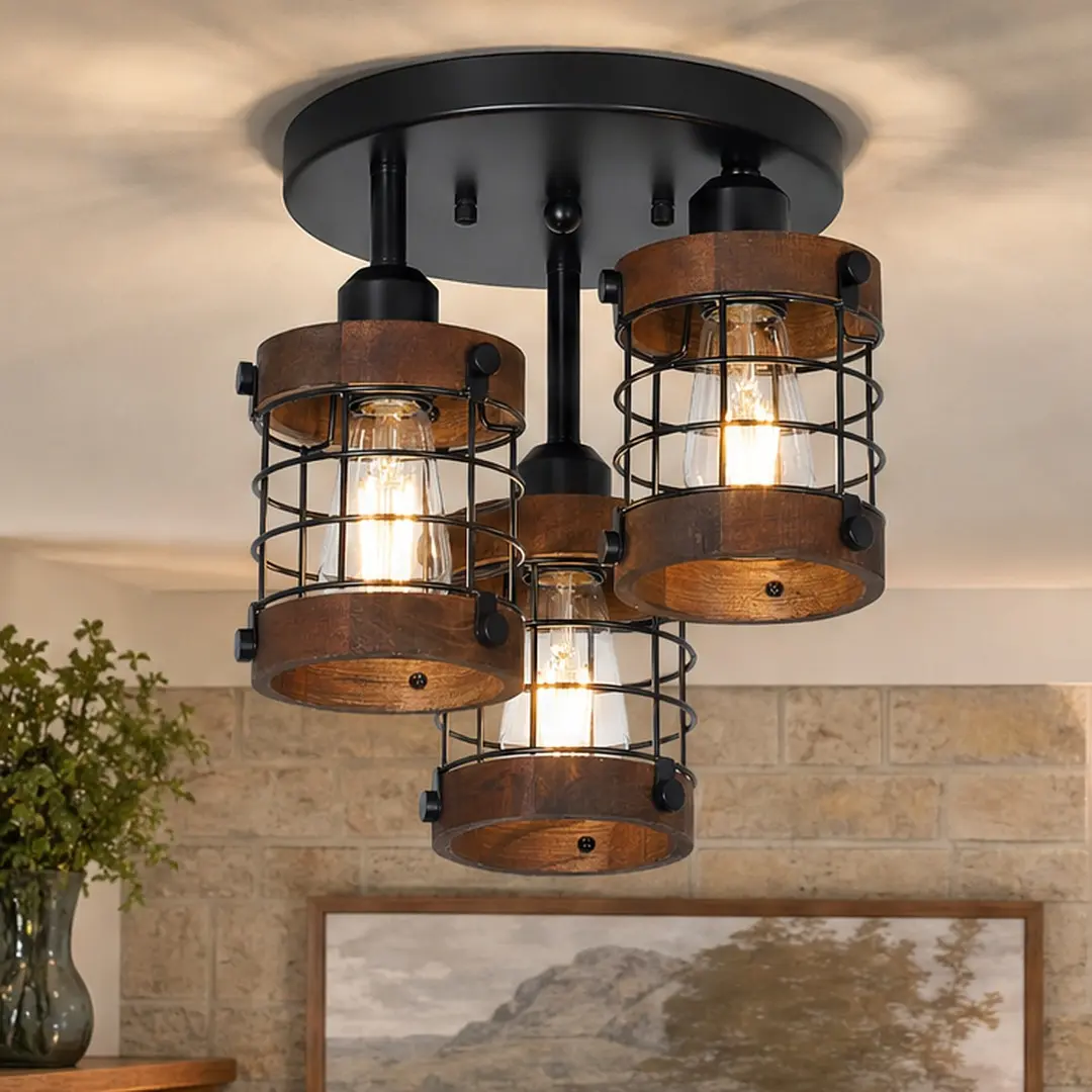 3-Light Semi Flush Mount Ceiling Light, Farmhouse Metal Cage Chandelier Fixture, Black-Brown Finish, 9.8in Diameter, 12in Height, E26 Base, Dimmable for Hallway, Bedroom, Kitchen, Metal Material, Lights