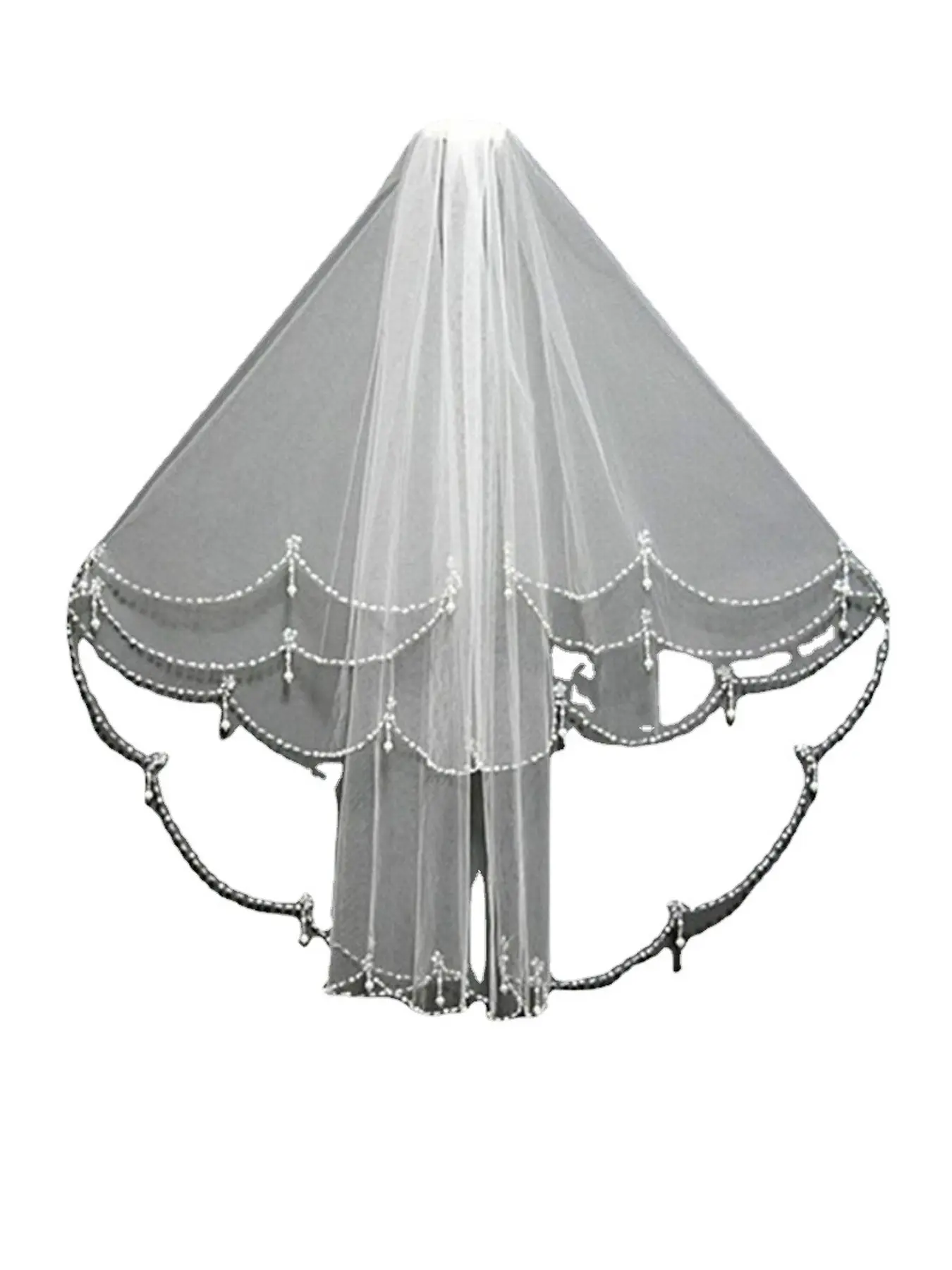 Elegant Fan-Shaped Beaded Tulle Bridal Veil, Lightweight Wrinkle-Resistant Flowy Veil, Luxury Accessory for All Seasons Wedding