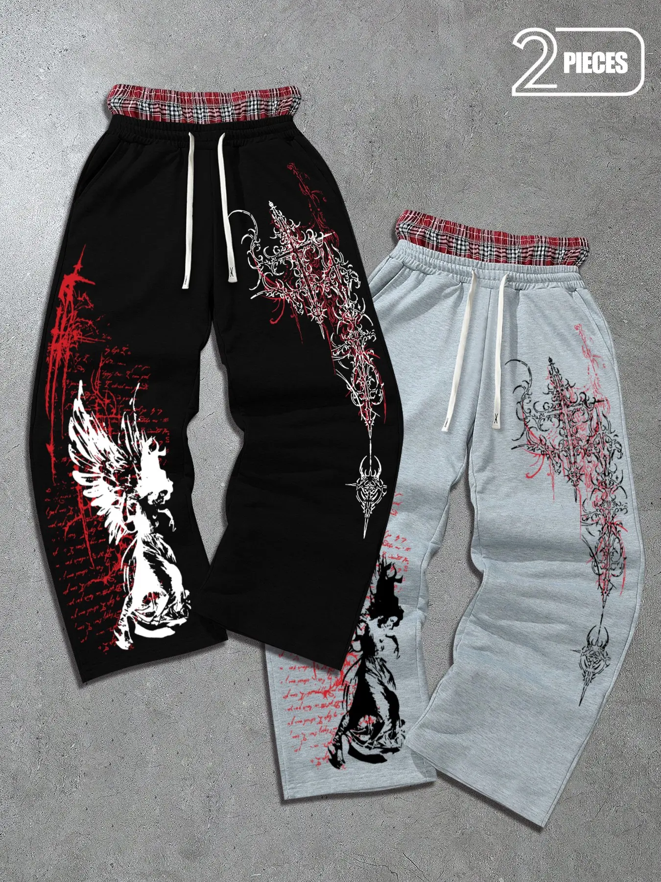2 Pack Unisex Baggy Gothic Sweatpants Bottoms with Double Plaid Waistband • Y2K Grunge Angel Cross Graphic Print Joggers • Loose Streetwear Casual Wide Leg Pants