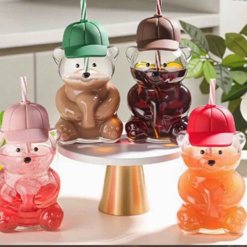 Adorable Bear Glass Straw Cup, Cartoon Ice Coffee Milk Juice Cup, Perfect for Girls, Teens, Home, Office, Café, Parties, Festivals