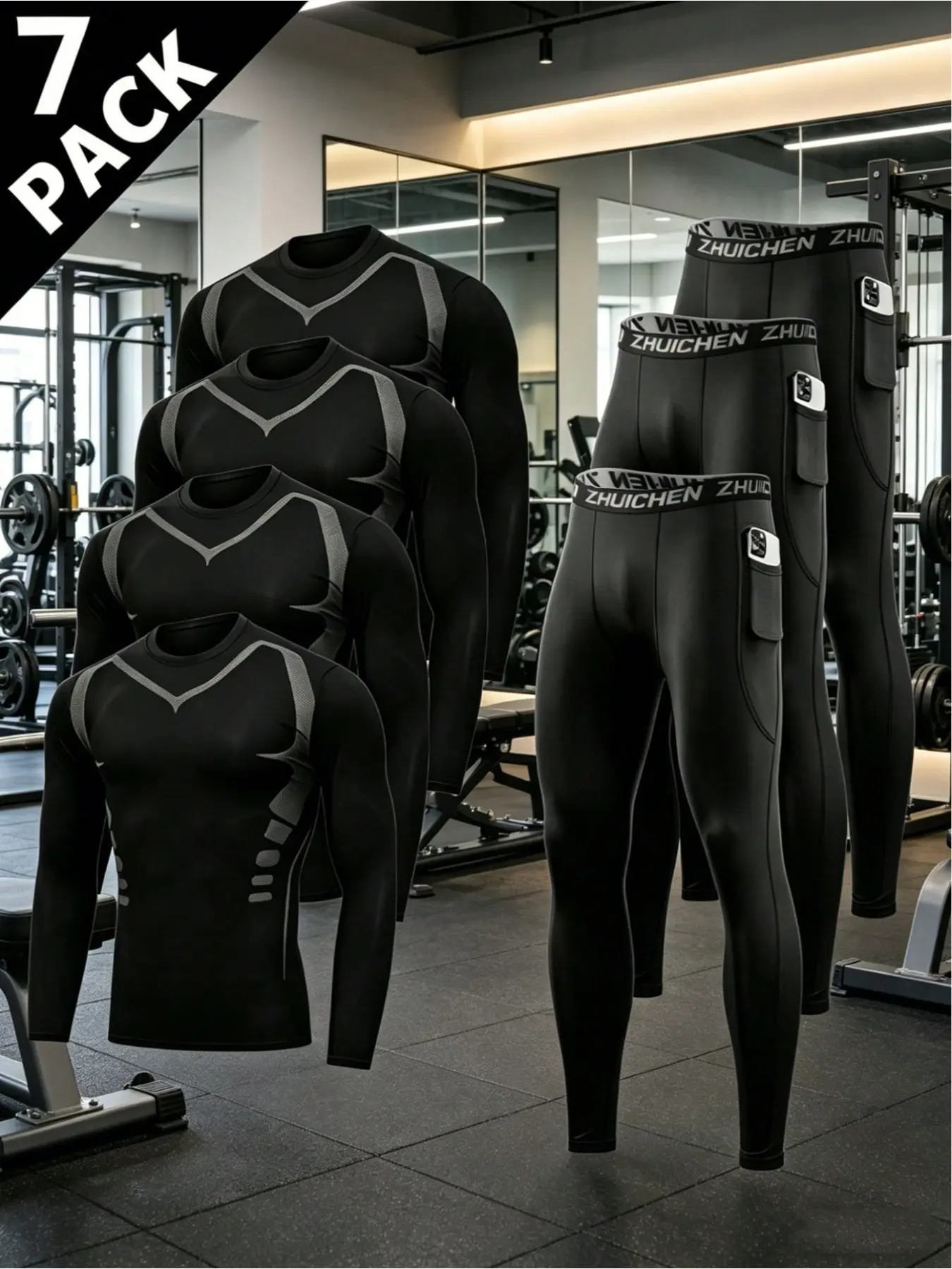 Men‘s 7-Piece Compression Sportswear Set | High Elastic Quick Dry | Long Sleeve Top & Pocket Pants | Gym Running Training