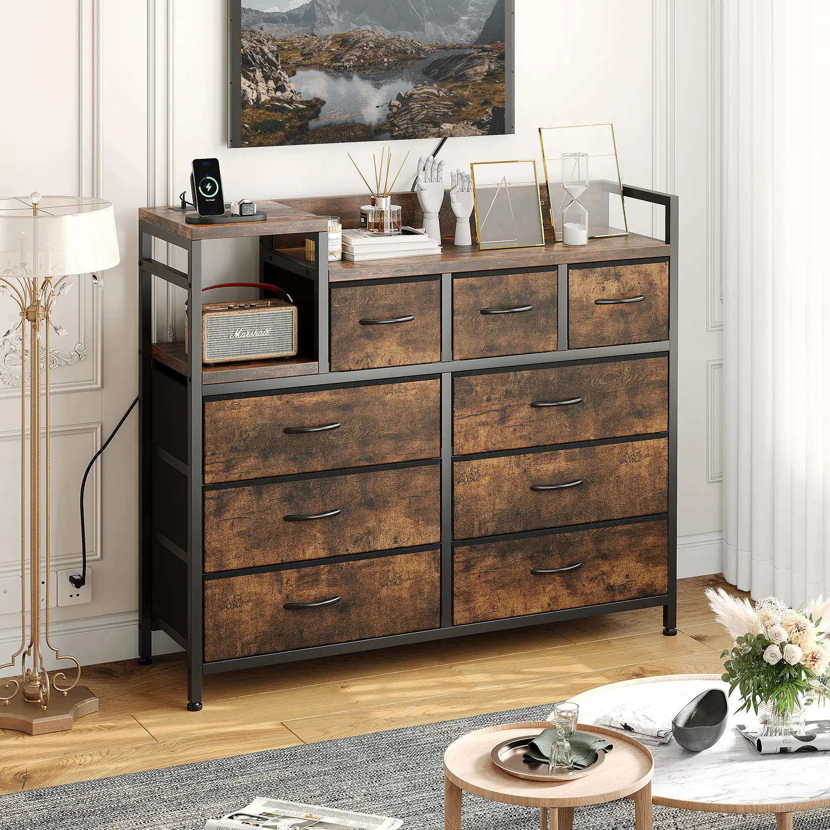 Modern 9-Drawer Fabric Dresser with Charging Station, Metal Frame TV Stand Cabinet, Ample Storage, Adjustable Legs, Sturdy Build, Anti-Tip Design, Quick Setup for Bedroom, Living Room