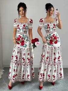 Women's Summer New French Elegant Chic Romantic Floral Print Square Neck Short Sleeve Waist Cinched A-Line Long Dress
