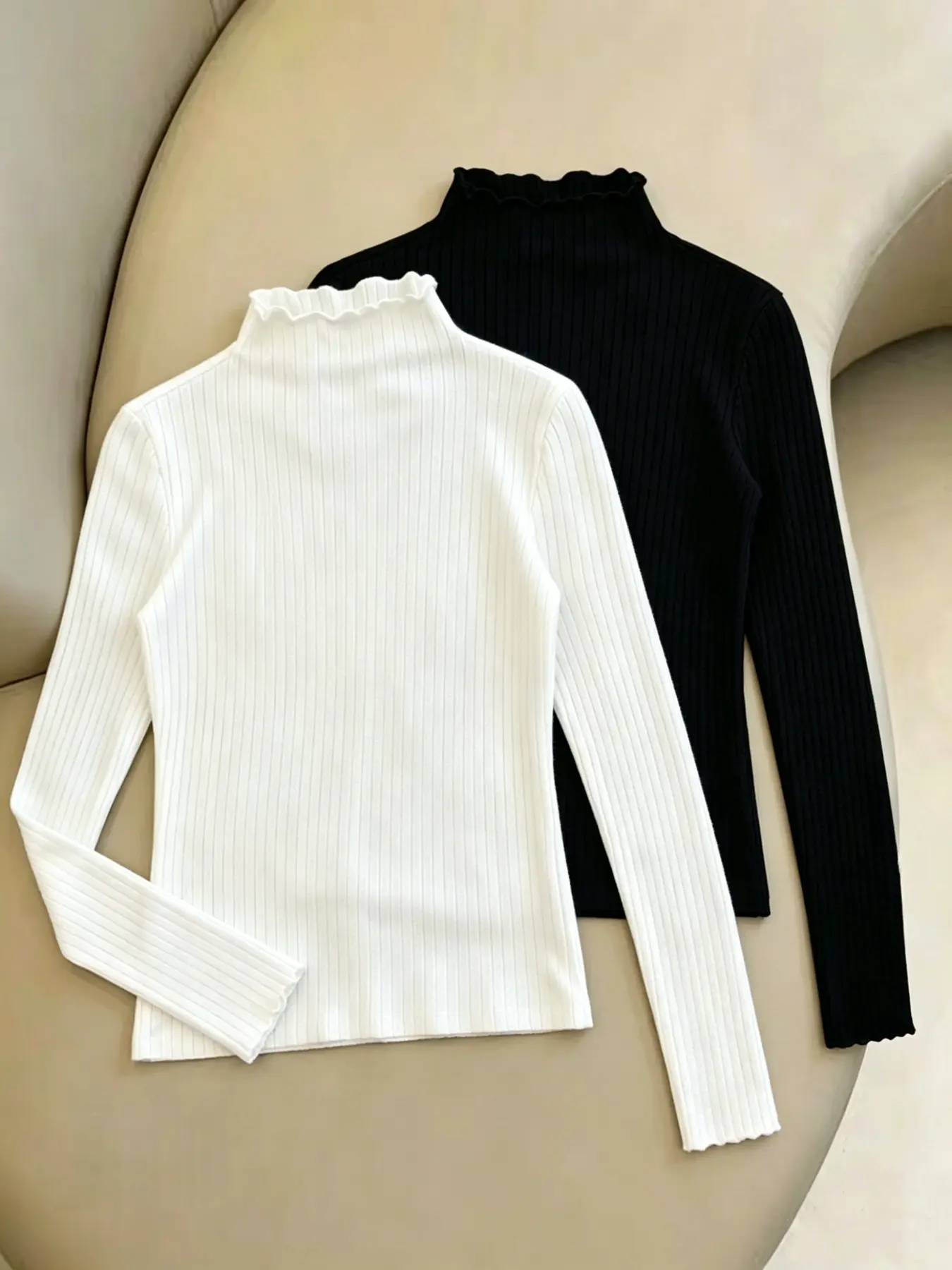 New Fashion Casual Women's High Neck Slim Fit Solid Color T-Shirt Top Set, Two-Piece, Comfortable and Stylish, Perfect for Daily Wear