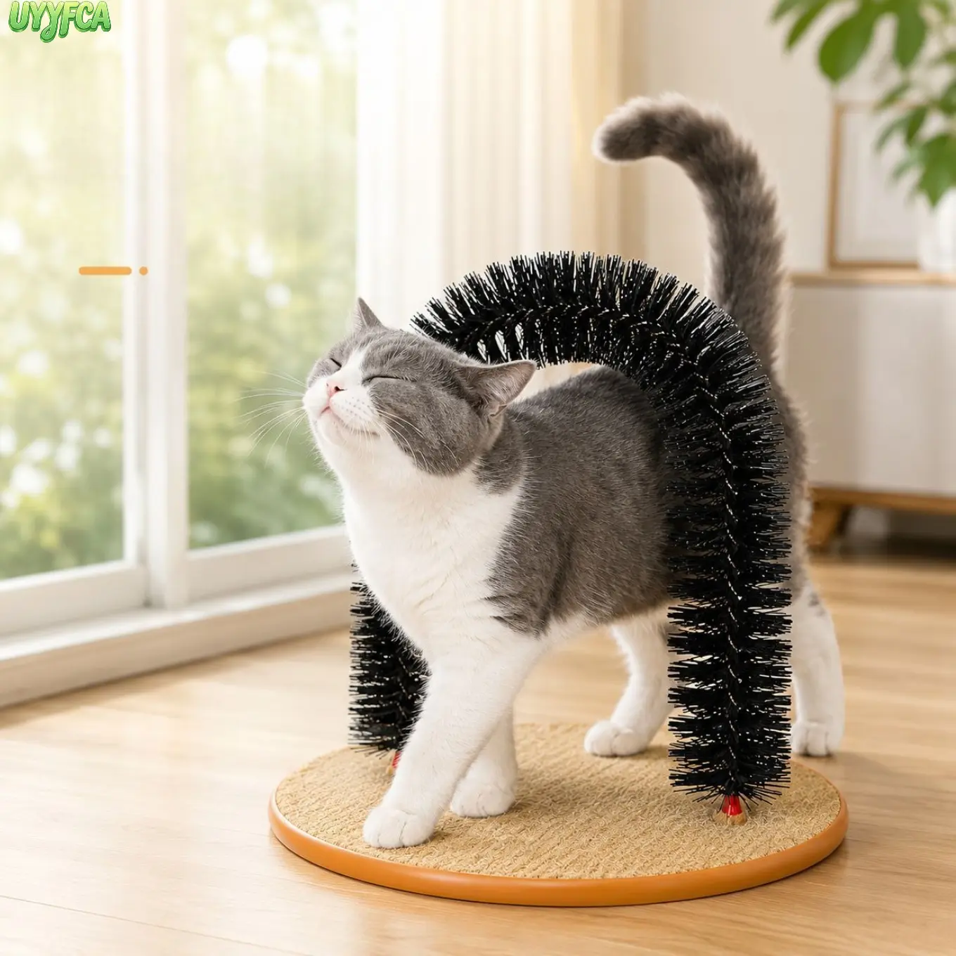 Arch Cat Self Groomer Brush With Sisal Scratching Pad, Detachable Hanging Fish Teaser Toy, Foldable Arch Massaging Bristle Tunnel, Dual Function Fur Remover Scratcher Toy, For Kittens And Adult Cats Indoor Daily Self Grooming Play,Summervibes