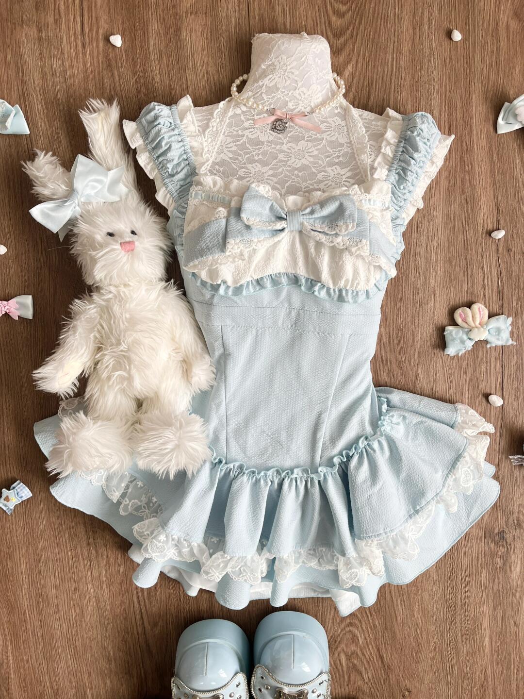 Sweet Blue Lolita Dress Women Lace Ruffle Bowknot Sleeveless Kawaii Princess Style Mini Dress Cute Cottagecore Summer Outfit New