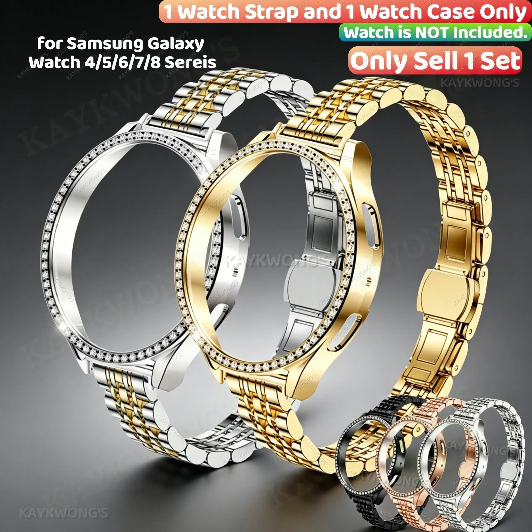 KAYKWONG'S Elegant Stainless Steel Metal Watch Strap and Shiny Watch Case, Adjustable Classic Accessory for Samsung Galaxy Watch 4/5/6/7/8, 40mm & 44mm