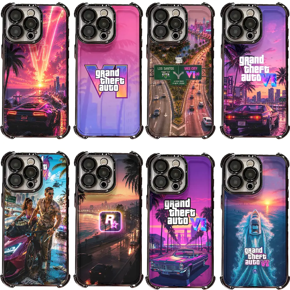 Grand Theft Auto VI Phone Case GTA6 Vice City Sunset Car Scene 8 Style Four Corners Shockproof Cover, Perfect Birthday Open World Game Fan Gift for iPhone 17 Air 16 Pro Max 15 14 Plus 13 12 11