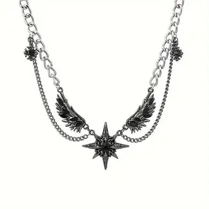 Gothic Punk North Star Wing Collar Necklace Layered Cuban Link Chain Black Crystal Unisex Fashion Jewelry Bag Charm