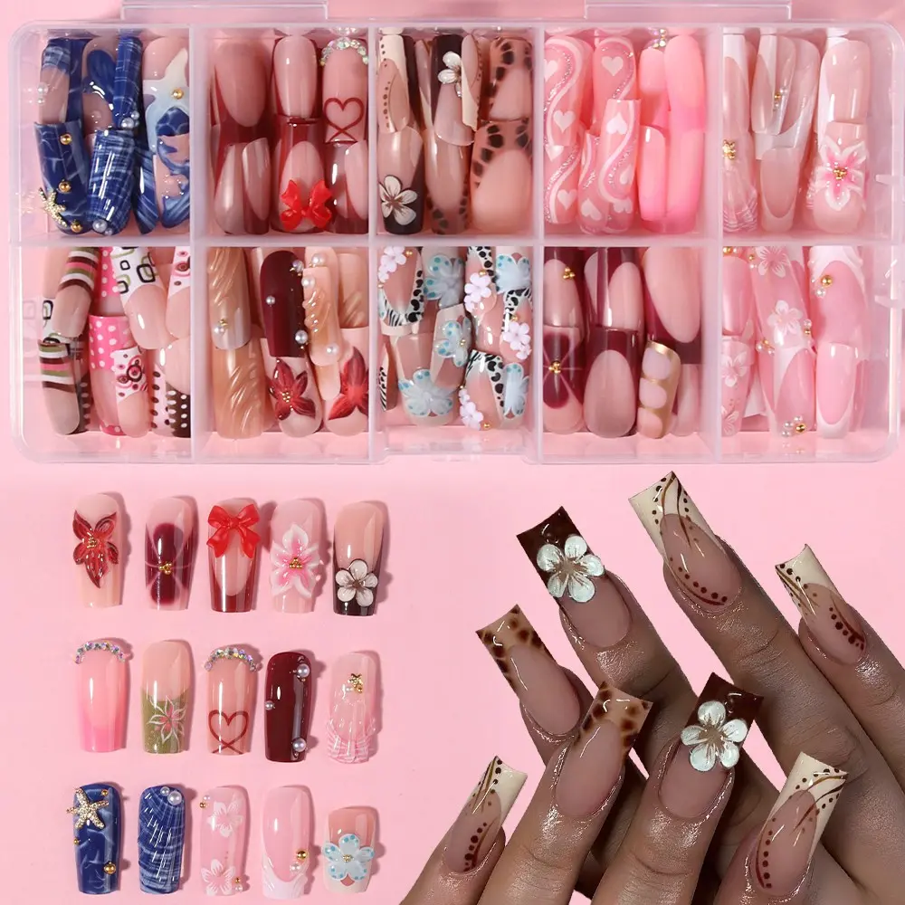 240pcs Long Square Press-On Nails, 3D Gel Flowers, Butterfly Knots, Heart Patterns, Perfect Fit False Nails for Women and Girls, False Nail Set