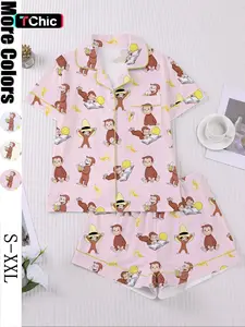 Women's Monkey Banana Print Sleepwear Set, Comfortable Short Sleeve Button Shirt & Loose Elastic Shorts, Fashion Casual Home Wear, Pajama Set