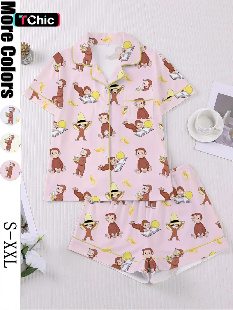 Women's Monkey Banana Print Sleepwear Set, Comfortable Short Sleeve Button Shirt & Loose Elastic Shorts, Fashion Casual Home Wear, Pajama Set