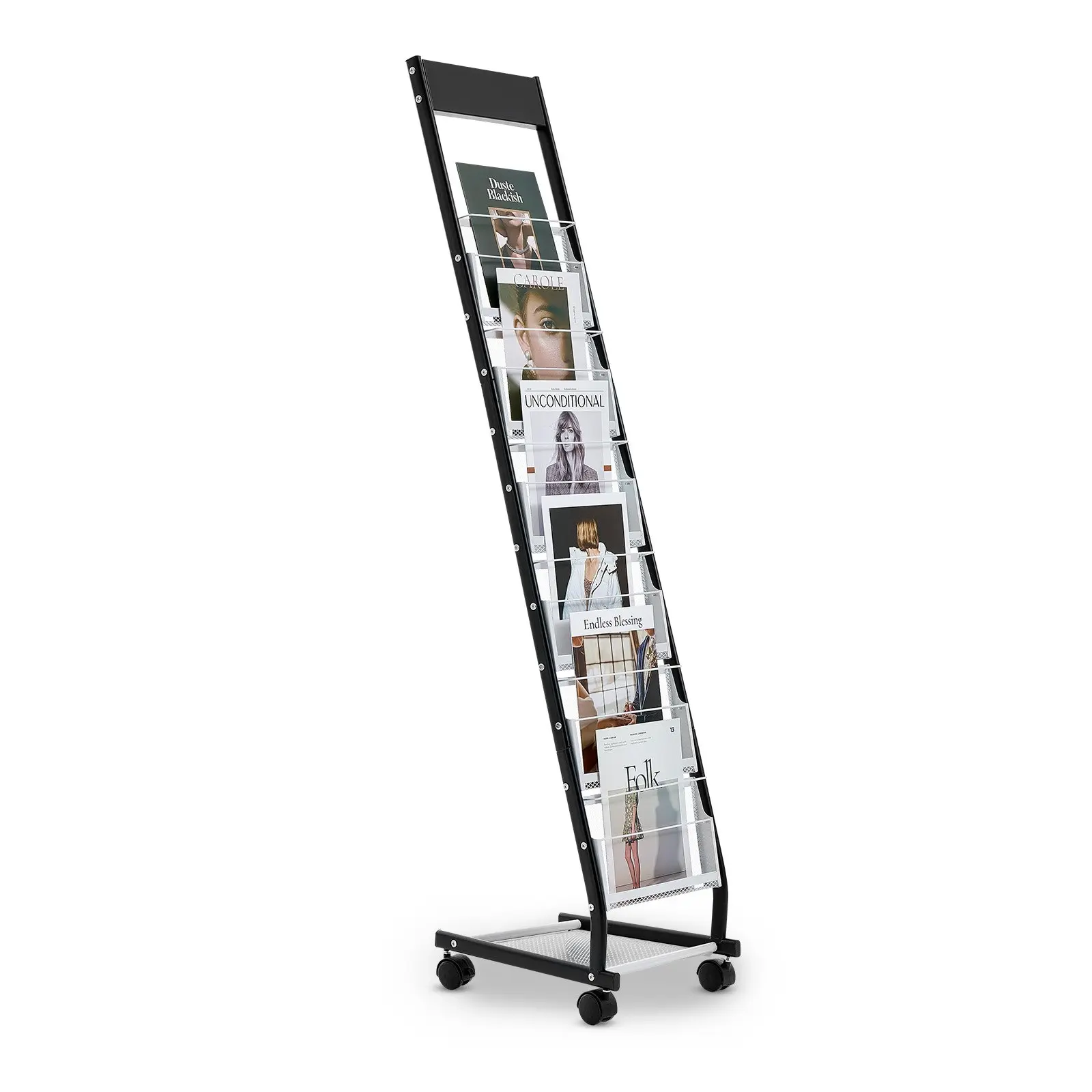 VEVOR Metal Floor Standing Brochure Display Rack, Narrow 6-Tier 6-Compartment Magazine Literature Holder with Smooth Wheels, Movable for Shop Exhibitions Office