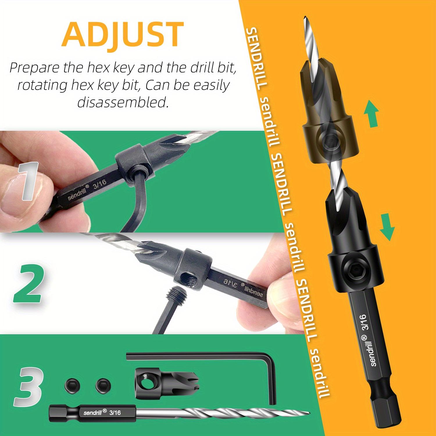 SENDRILL 17pcs Countersink Drill Bits Set, Tapered Drill Bits For Wood, With Phillips Screwdriver Bits, 2PCS Wood Plug Cutter, HSS, Precision Depth Control, 1/4" Hex Shank Quick Change for Woodworking with Storage Box (with One L-Wrench)