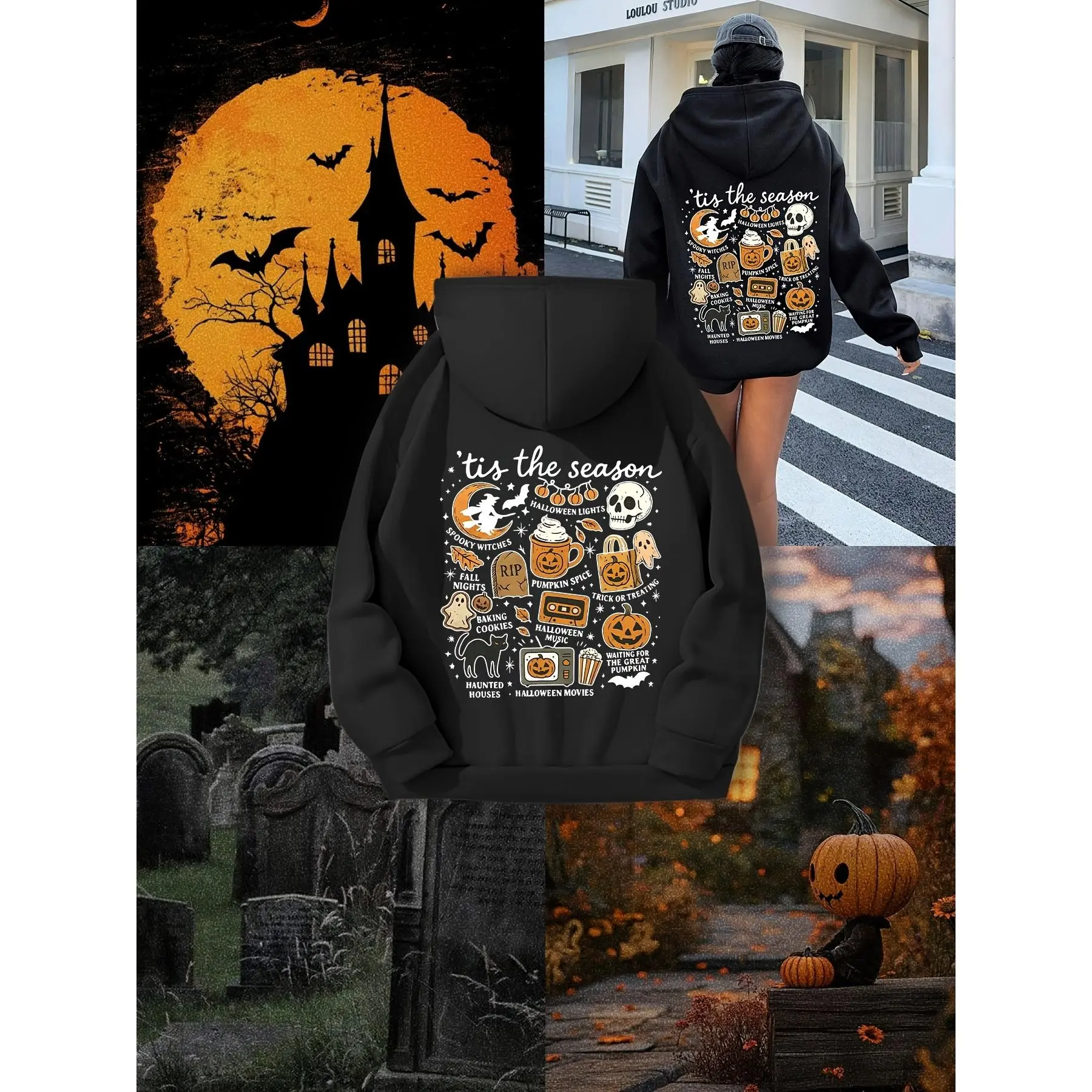 Women's Vintage Halloween Hooded Sweatshirt - Pumpkin Witch & Spooky Graphic Print, Cozy Fleece Pullover with Drawstring Hood, Front Pockets, Machine Washable Fall Winter Casual Sweatshirt