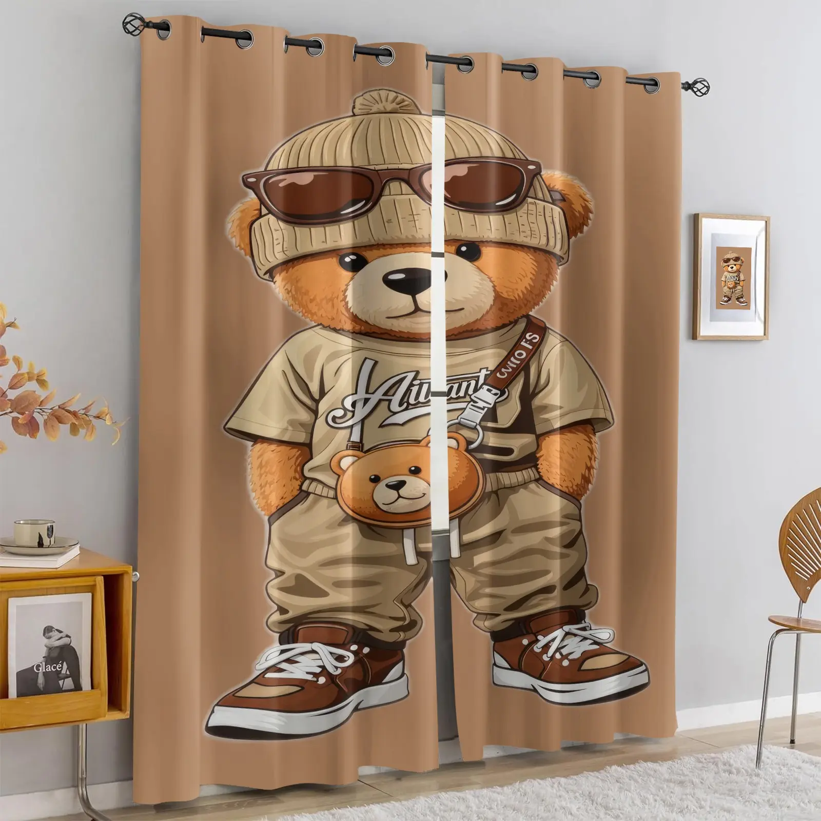 2pcs Cool Hip-Hop Teddy Bear Printed Curtains, Trendy Street Style Blackout Curtains, Cool Cartoon Teddy Bear With Sunglasses Knitted Hat Pattern Decor, Ideal For Children'S Bedrooms, Game Rooms, And Baby Rooms, With A Metal Ring On The Top, Soft Fabric