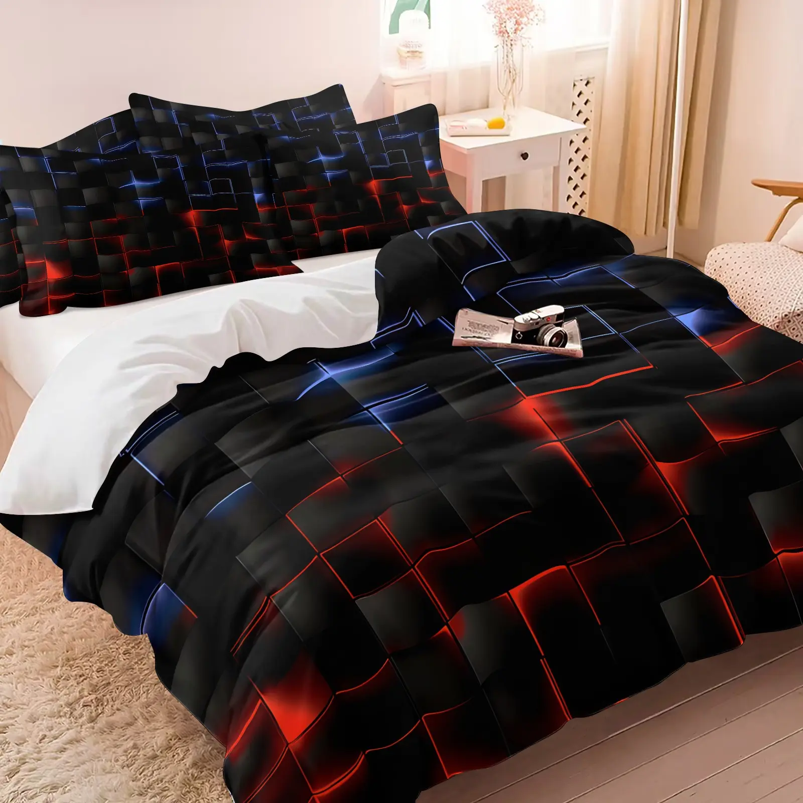 2/3Pcs Neon Red Blue Wave Geometric Duvet Cover Set Soft Microfiber Zipper Wrinkle Resistant Bedding Comforter Cover With Pillowcases Cool Futuristic Aesthetic Bed Set For Bedroom Room Decoration