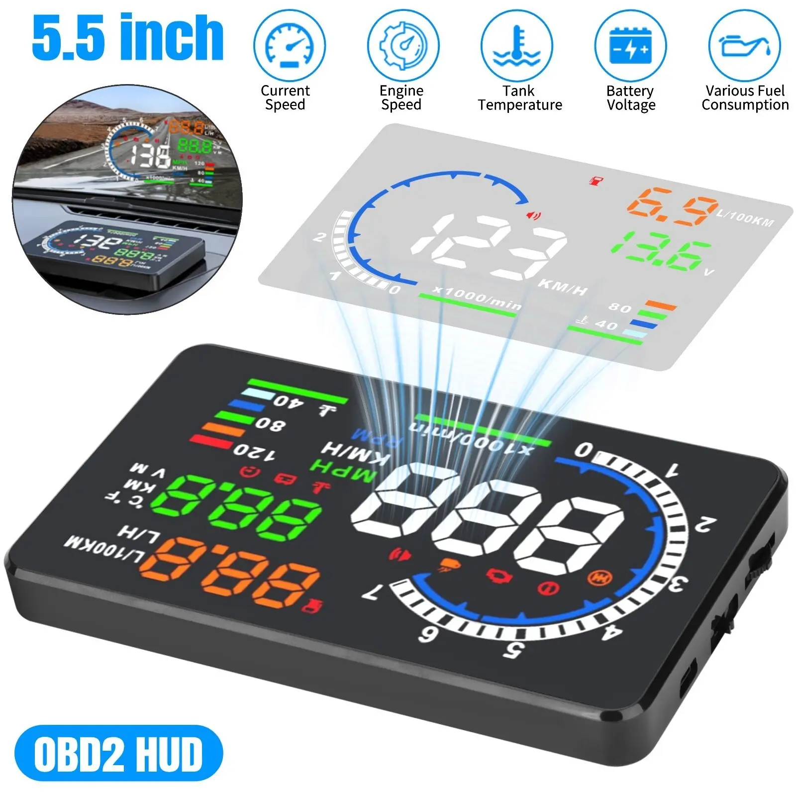 A8 Car Hud Display, 5.5 Inch Front Screen, Obd Ii Interface Windshield Projector, Auto Head-Up Display, Multi-Function Dashboard Monitor