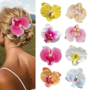 8PC Orchid Flower Hair Clips with Pearl Elegant Tropical Jaw Clamps Hawaiian Beach Vacation Aesthetic Hair Accessories for Women